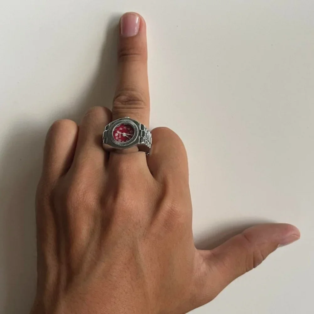 Y2K 2000s Vintage Retro Silver Tone Watch Ring with Round Face